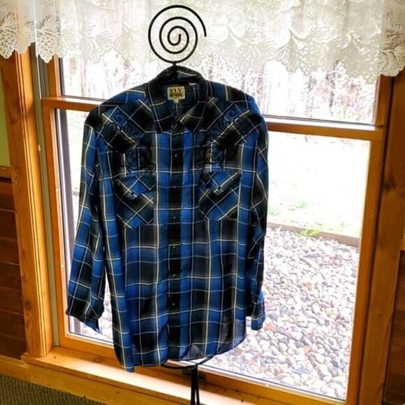 Ely Cattleman Graphic Embroidered Blue Plaid Black Pearl Snap Closure Sz L Shirt - Picture 1 of 16